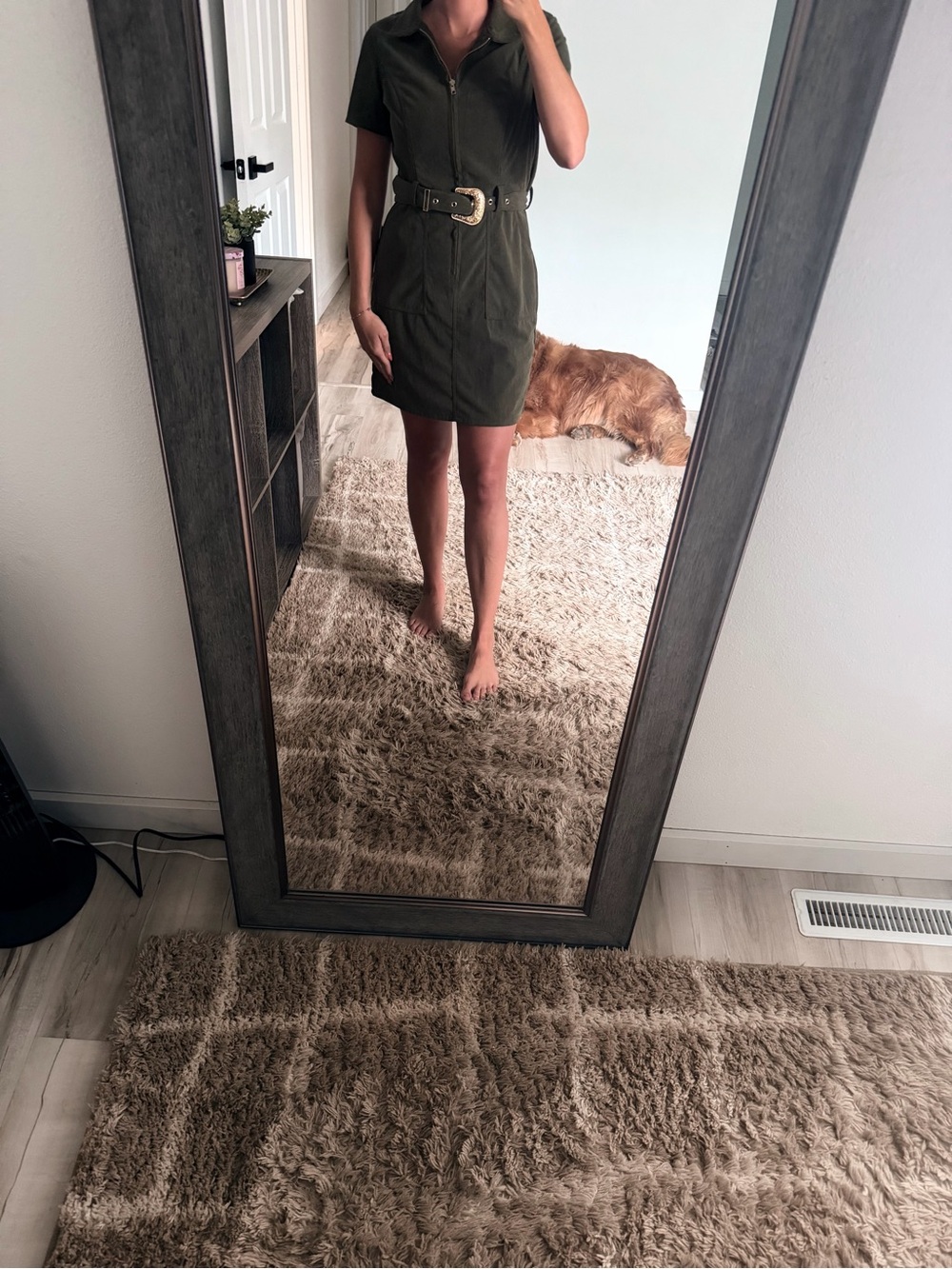 Olive Green Short Sleeve Zip Front Shirt Dress with Belt